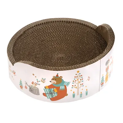 Griffoir rond en carton ondulé, rebord décoré d’illustrations d’ours, sapins et cadeaux. Aucun texte visible, matériau principal : carton.