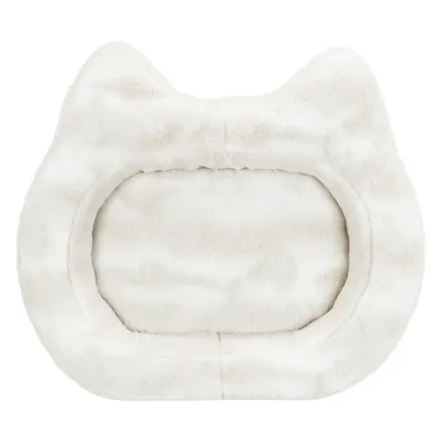 Ljus kattbädd i mjuk plysch, oval form med upphöjd kant och två spetsiga hörn som liknar kattöron. Ingen synlig text eller varumärke.