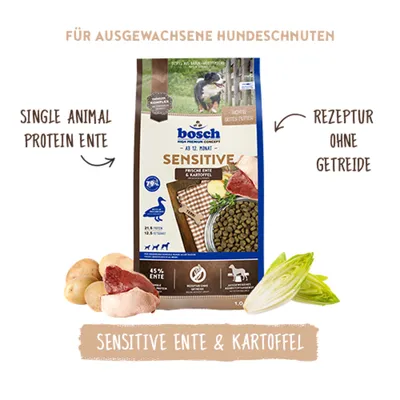 bosch Sensitive Ente & Kartoffel, Single Animal Protein Ente, Rezeptur ohne Getreide, 45% Ente, für ausgewachsene Hundeschnuten. bosch Sensitive Ente & Kartoffel, Single Animal Protein Ente, Rezeptur ohne Getreide, 45% Ente, für ausgewachsene Hundeschnuten.