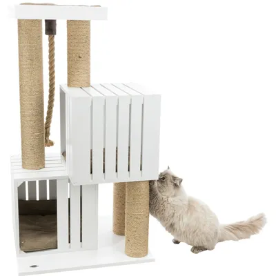 White cat tree with sisal-wrapped posts, rope toy and two levels. Beige cat examines the upper level.