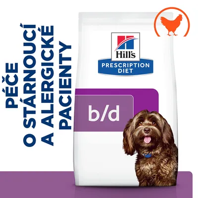 Hill's Prescription Diet b/d, péče o stárnoucí a alergické pacienty, balení s obrázkem psa a ikonou kuřete v pravém horním rohu.