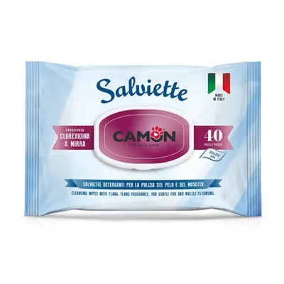 Camon Salviette, 40 stuks, geur: clorexidina & mirra. Made in Italy. Reinigingsdoekjes voor vacht en snuit, formaat 30×20 cm. Tekst deels Italiaans/Engels zichtbaar.