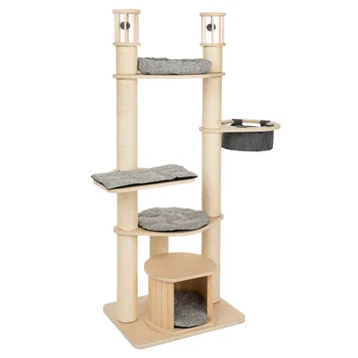 Raapimispuu puusta, useita tasoja, sisalpylväät, pehmustetut makuualustat ja luola. Mukana riippumatto ja leikkipallot yläosissa.