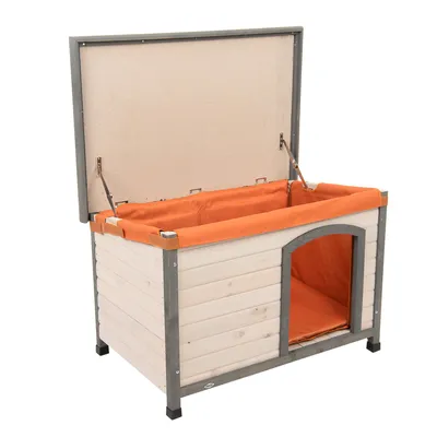 Holz-Hundehütte mit aufklappbarem Dach, orangefarbenem Innenfutter und Eingangsbogen. Geeignet für Haustieraufbewahrung oder Schutz.