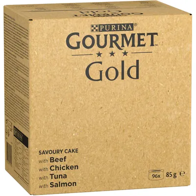 Purina Gourmet Gold, 96x85g, varieties: beef, chicken, tuna, salmon. Cardboard packaging with product details on the side.