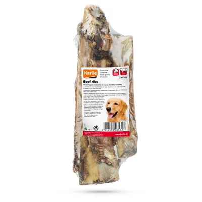 Karlie beef bones, gluten-free, 2 pieces. Packaging with product description and image of a dog.