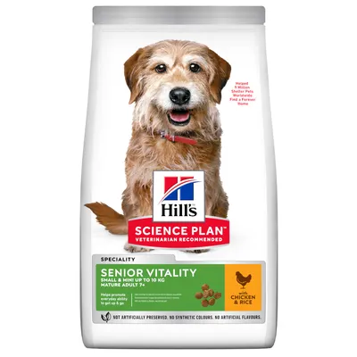 Hill's Science Plan Senior Vitality Small & Mini up to 10 kg Mature Adult 7+ kutyatáp csirke és rizs, látható táp szemcsék, felirat: nem tartalmaz mesterséges színezéket vagy ízesítőt.