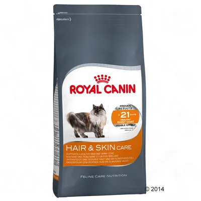 Опаковка Royal Canin Hair & Skin Care за котки. Видим текст: Proven results in 21 days healthy shiny coat visible effect, Feline Care Nutrition.