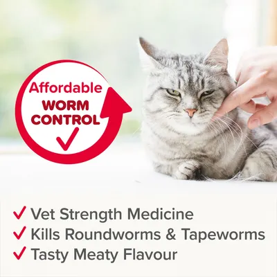 Affordable worm control. Vet strength medicine. Kills roundworms and tapeworms. Tasty meaty flavour.
