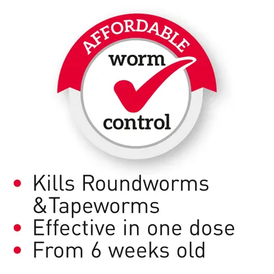 Affordable worm control. Kills roundworms and tapeworms, effective in one dose, suitable from 6 weeks old.