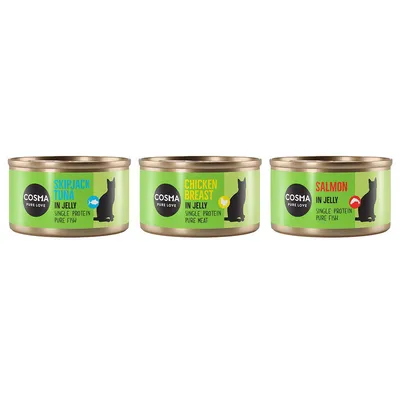 Tres latas de comida para gatos Cosma Pure Love: Skipjack Tuna in Jelly, Chicken Breast in Jelly y Salmon in Jelly. Textos visibles: Single Protein, Pure Fish/Pure Meat. Tres latas de comida para gatos Cosma Pure Love: Skipjack Tuna in Jelly, Chicken Breast in Jelly y Salmon in Jelly. Textos visibles: Single Protein, Pure Fish/Pure Meat.