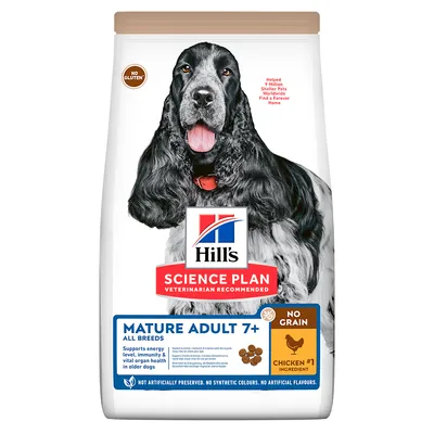 Hill's Science Plan Mature Adult 7+ All Breeds, fără gluten, cu pui ca ingredient principal. Susține nivelul de energie, imunitatea și funcția organelor la câinii seniori. Fără aditivi artificiali.