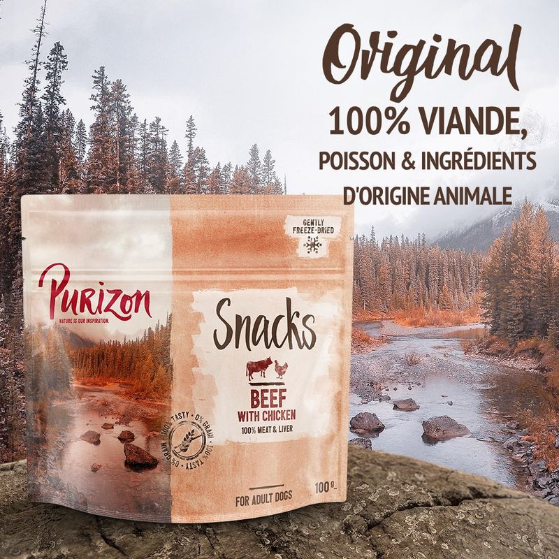 Et pour les petites faims : friandises Purizon bœuf, poulet - sans céréales pour chien