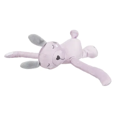 Purple plush toy shaped like an animal with long arms and legs, grey ears, and a heart-shaped black nose motif.