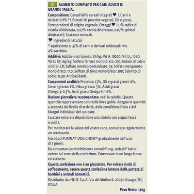 Tabella ingredienti e informazioni nutrizionali per alimento completo cani adulti grande taglia: cereali 61 %, carni e derivati 16 %, proteine 23 %, grassi 9 %, peso netto 14 kg, Purina Dog Chow.