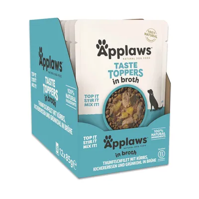 Applaws Taste Toppers en bouillon, filet de thon avec potiron, pois chiches et chou kale en bouillon, ingrédients 100% naturels, 12 x 85 g.