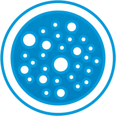 Blaues Symbol mit Kreisen, das Porenstruktur oder Filter darstellt.