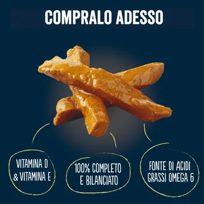 COMPRALO ADESSO. Vitamina D & vitamina E, 100% completo e bilanciato, fonte di acidi grassi omega 6. Bastoncini marroni al centro dell'immagine.
