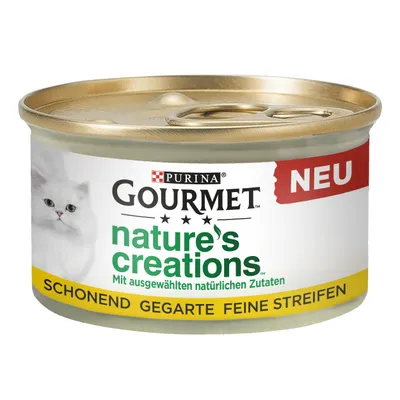 Lata de comida para gatos Purina Gourmet nature's creations. Texto visible: NEU, Mit ausgewählten natürlichen Zutaten, Schonend gegarte feine Streifen. Imagen de un gato blanco.