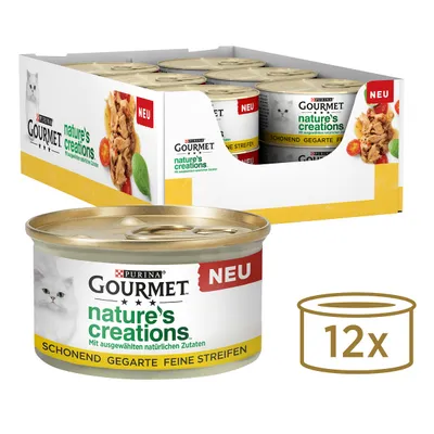 Zestaw 12 puszek Purina Gourmet nature's creations, widoczna etykieta: SCHONEND GEGARTE FEINE STREIFEN, opakowanie zbiorcze z wizerunkiem kota i napisem NEU.