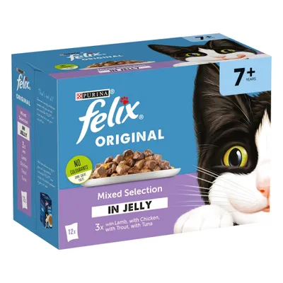 Felix Original Mixed Selection in Jelly, 12 pack with lamb, chicken, trout and tuna, for ages 7 plus, no colourants. Includes 3x with lamb, 3x with chicken, 3x with trout, 3x with tuna.