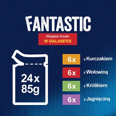 Fantastic Wiejskie Smaki w galaretce, 24 x 85 g: 6 x z kurczakiem, 6 x z wołowiną, 6 x z królikiem, 6 x z jagnięciną.
