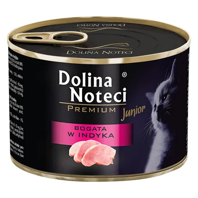 Dolina Noteci Premium Junior krmivo pro kočky, bohaté na krůtu, vyobrazení kočky a plátků krůty na plechovce.