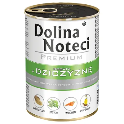 Dolina Noteci Premium, rig på vildtkød. Fuldfoder til voksne hunde med brune ris, basilikum, gulerødder og hørfrøolie.