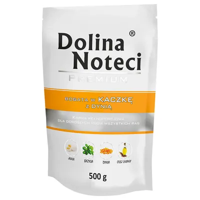 Dolina Noteci Premium, reich an Ente mit Kürbis. Vollwertfutter für erwachsene Hunde aller Rassen. Zutaten: Ei, Basilikum, Kürbis, Leinöl. Packungsgrösse: 500 g.