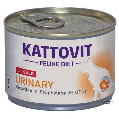 Konzerva Kattovit Feline Diet Urinary mit Kalb, Struvitstein-Prophylaxe (FLUTD), ilustrace kočky s oranžovým zvýrazněním močového měchýře na obalu.