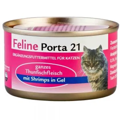 Feline Porta 21, alimento complementare per gatti, carne intera di tonno con gamberetti in gel. Testo in tedesco: 'ganzes Thunfischfleisch mit Shrimps in Gel'. Immagine di un gatto sull'etichetta.