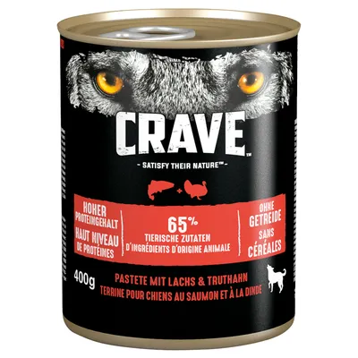 Crave pastetă cu somon și curcan, 400g. Conținut ridicat de proteine, 65% ingrediente de origine animală, fără cereale.