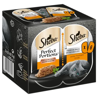 Sheba Perfect Portions lahodná omáčka, čerstvé balenie s jemným moriakom. Balenie obsahuje 6 x 37,5g porcií, celková hmotnosť 225g.