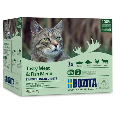 Bozita Tasty Meat & Fish Menu, schwedische Zutaten, getreidefrei, 12x85g. Sorten: Lachs, Barsch, Hühnerleber, Rind. 100% tierisches Protein, leichte Verdauung.