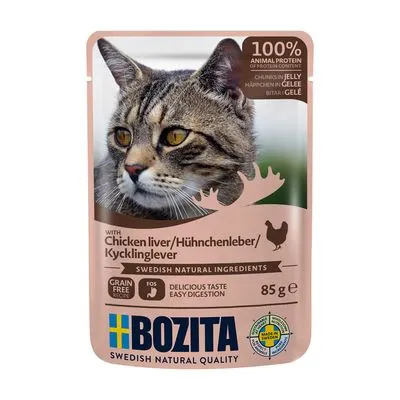 Bozita kattmat med kycklinglever i gelé, 100% animaliskt protein, spannmålsfri, svenska naturliga ingredienser, 85g. Tillverkad i Sverige.