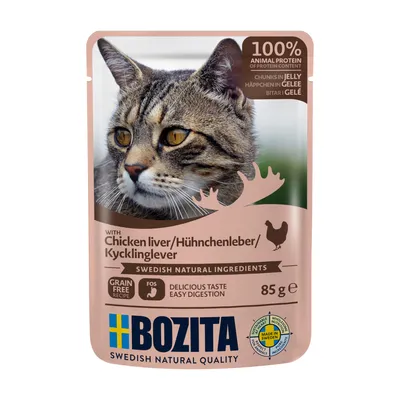 Sachet Bozita 85 g pour chat, saveur foie de poulet, 100 % protéines animales, morceaux en gelée, ingrédients naturels suédois, sans céréales, facile à digérer. Texte en anglais/allemand/suédois.