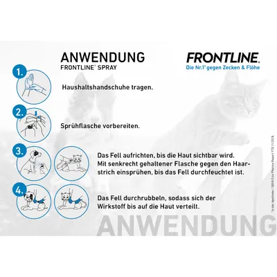 Anwendung von Frontline Spray: 1. Haushaltshandschuhe tragen. 2. Sprühflasche vorbereiten. 3. Fell aufrichten und einsprühen. 4. Fell durchrubbeln, um Wirkstoff zu verteilen.