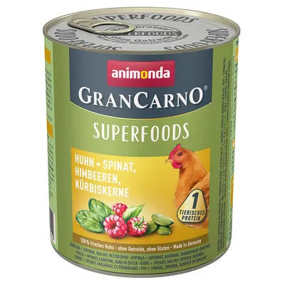 Консерва Animonda GranCarno Superfoods. Видими текстове: Huhn + Spinat, Himbeeren, Kürbiskerne; 1 tierisches Protein; 100 % frisches Huhn, ohne Getreide, ohne Gluten, Made in Germany.