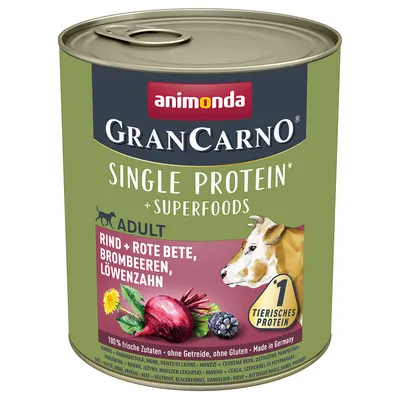 GranCarno Single Protein with superfoods for adult pets, featuring beef, beetroot, blackberries and dandelion. Contains one animal protein source. No grain or gluten. Made in Germany.