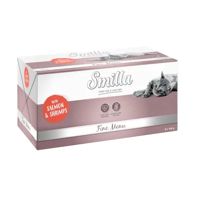 Smilla Fine Menu, с лососем и креветками, содержит таурин, беззерновой рецепт, упаковка 8 x 100 г.