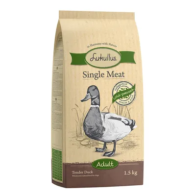 Lukullus Single Meat Adult, hidegen sajtolt, Tender Duck, 1,5 kg. Természetes kutyaeledel kacsával.