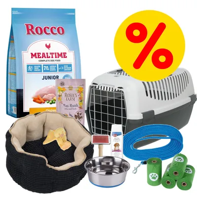 Produktset mit Rocco Mealtime Junior Hundefutter, Rosie's Farm Mini Hearts Snacks, Transportbox, Hundebett, Bürste, Shampoo, Futternapf, Leine und Kotbeutel. Prozentzeichen für Rabatt.