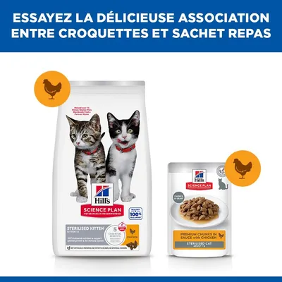 Hill's Science Plan Kitten Stérilisé croquettes au poulet et bouchées premium en sauce au poulet pour chats stérilisés, images du produit côte à côte.