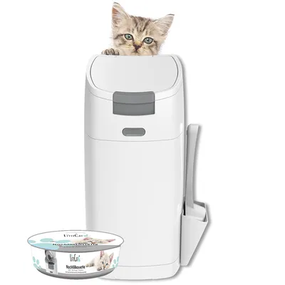 LittyCat Nachfüllkassette für Katzentoiletten, abgebildet mit weissem Entsorgungssystem und Katze. Produktname und Marke sichtbar.