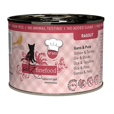 Catz Finefood Nr. 603 ragout gos in puran, naravno dobro, brez dodanega sladkorja, brez žit, brez testiranja na živalih, 95% delež mesa in kuhalne tekočine.
