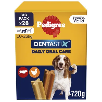 Box showing Dentastix daily oral care, big pack of 28 for 10-25kg, recommended by vets, with beef and chicken icons, 720g weight, and image of a dog beside two chews.
