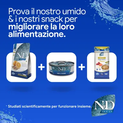 N&D Ocean crocchette, alimento umido con tonno & salmone e snack. Sviluppato scientificamente per agire in sinergia. N&D Ocean crocchette, alimento umido con tonno & salmone e snack. Sviluppato scientificamente per agire in sinergia.