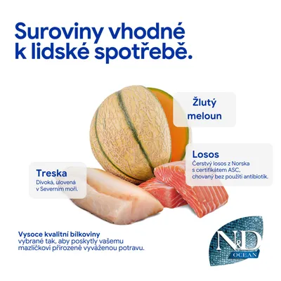 Prísady vhodné na ľudskú spotrebu: treska z Severného mora, čerstvý losos z Nórska bez antibiotík, žltý melón. N&D Ocean. Kvalitné proteíny. Prísady vhodné na ľudskú spotrebu: treska z Severného mora, čerstvý losos z Nórska bez antibiotík, žltý melón. N&D Ocean. Kvalitné proteíny.