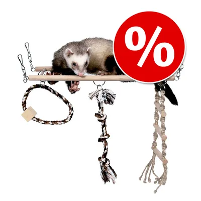 Juguete colgante para hurones con cuerda y madera, incluye un hurón sobre la estructura. Círculo rojo con símbolo de porcentaje (%) indicando oferta o descuento visible.