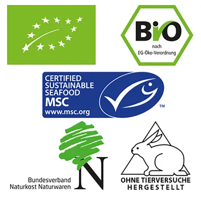 CERTIFIED SUSTAINABLE SEAFOOD MSC www.msc.org, Bio nach EG-Öko-Verordnung, Bundesverband Naturkost Naturwaren, OHNE TIERVERSUCHE HERGESTELLT. Tekst w języku niemieckim i angielskim.